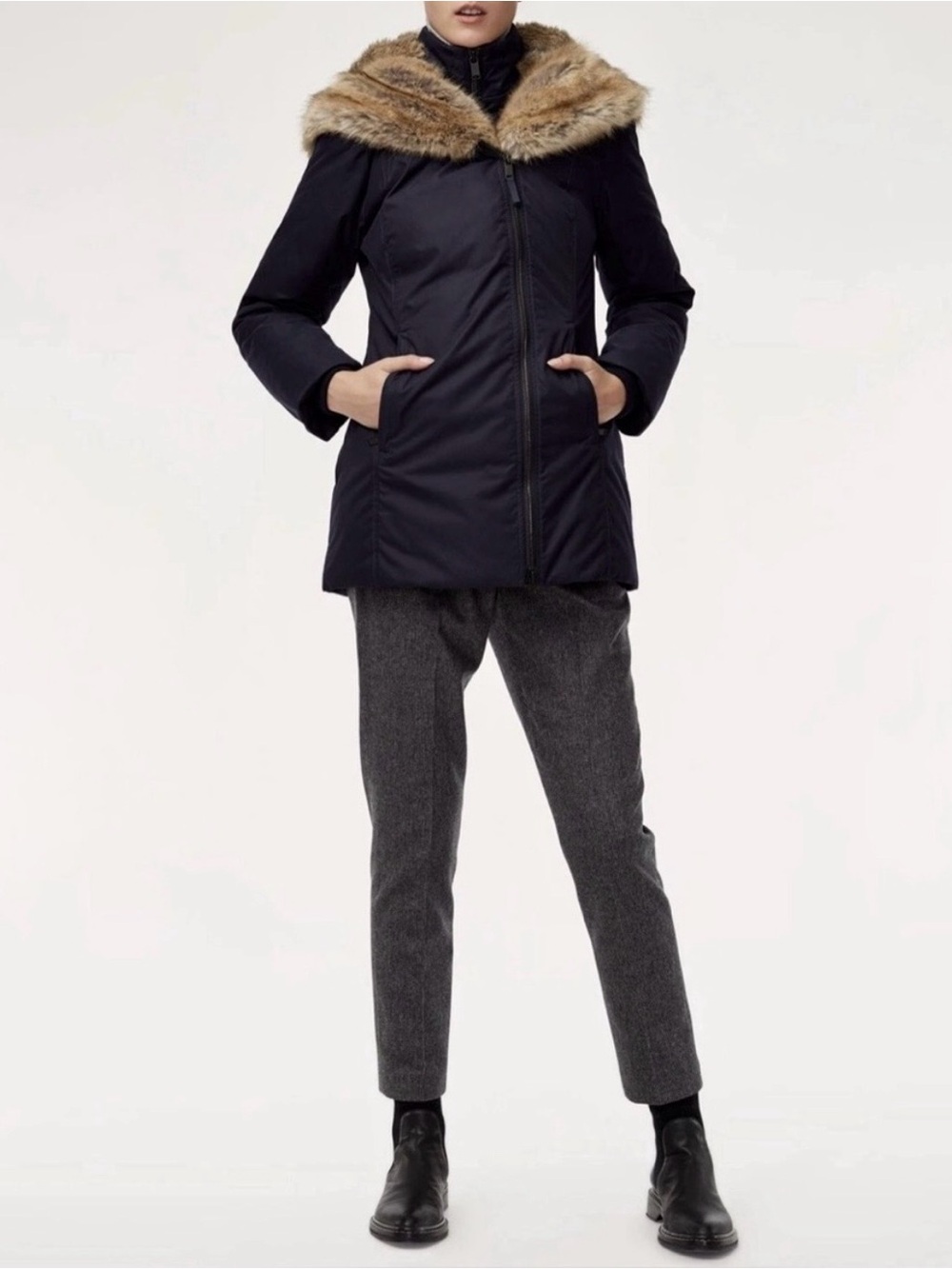 Babaton St. Moritz Parka Women’s XS Fur-Trim Hooded 700 Fill Goose Down Navy